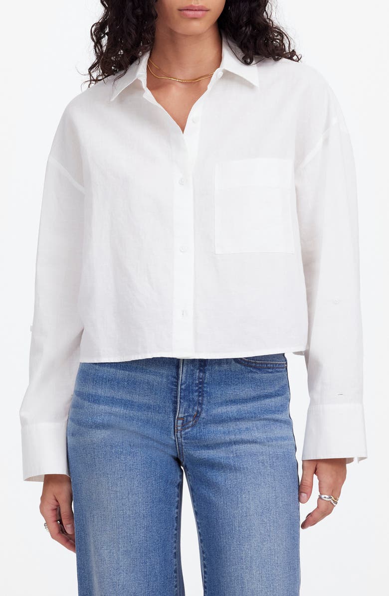 Madewell Straight Hem Crop Linen & Cotton Button-Up Shirt, Main, color, White