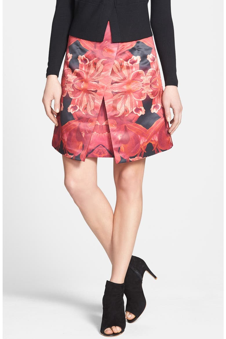 'Jungle Orchid' Print A-Line Skirt, Main, color, MAROON