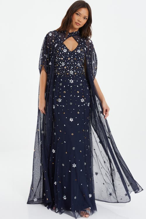 Quiz Beaded 2-in-1 Cape And Evening Dress In Navy