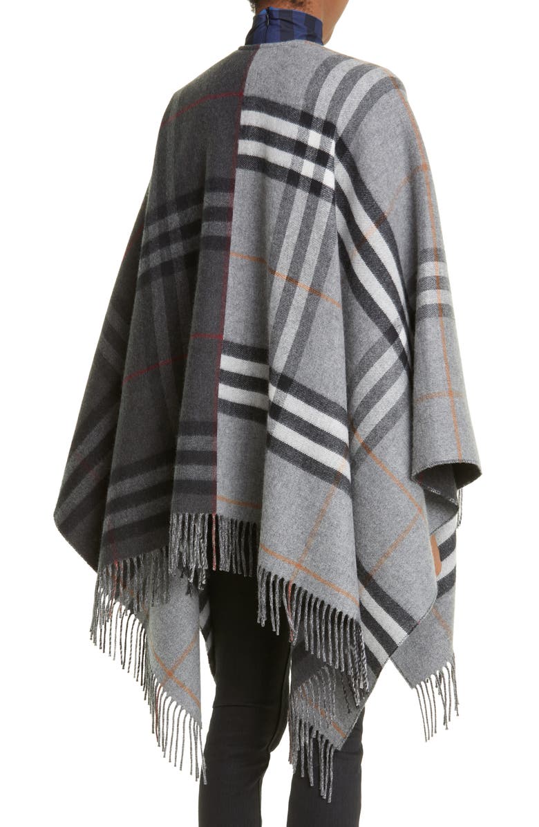 Burberry Split Check Fringe Trim Cashmere Cape, Alternate, color,