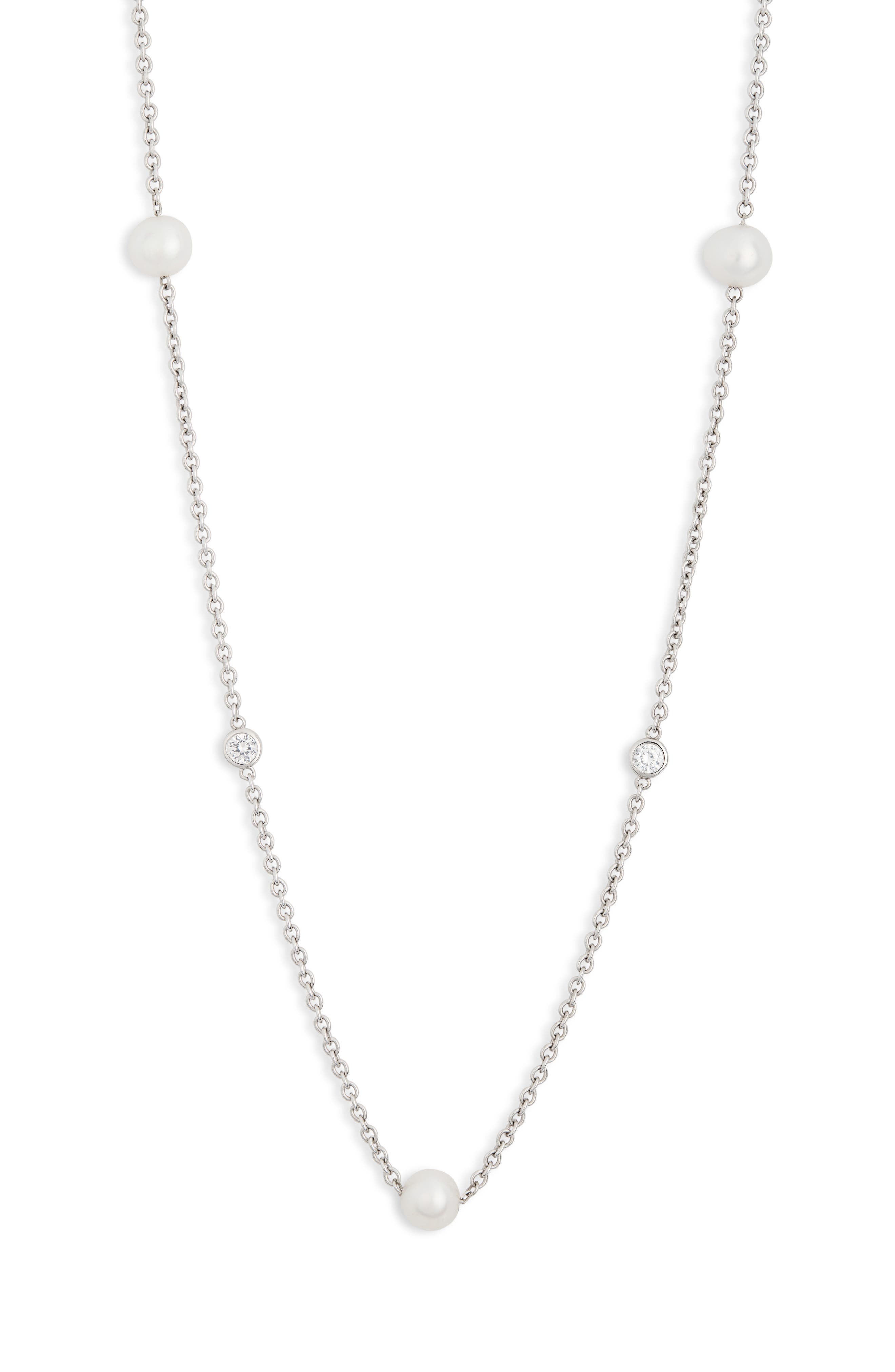 SUZY LEVIAN Sterling Silver 7–7.5mm Cultured Freshwater Pearl & Lab Grown White Sapphire Station Chain Necklace