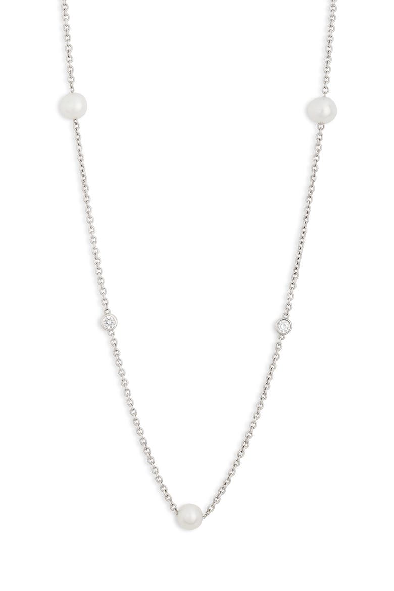 Sterling Silver 7–7.5mm Cultured Freshwater Pearl & Lab Grown White Sapphire Station Chain Necklace, Main, color, WHITE