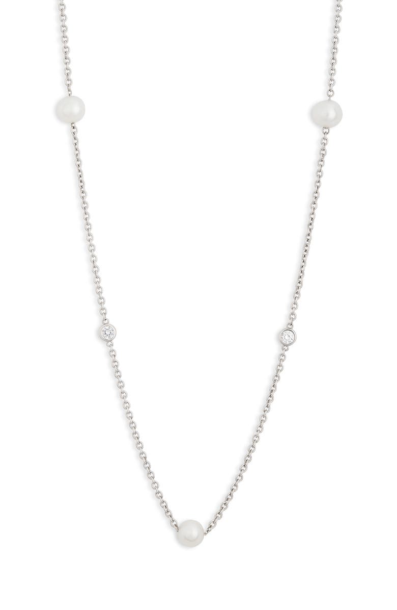 SUZY LEVIAN Sterling Silver 7–7.5mm Cultured Freshwater Pearl & Lab Grown White Sapphire Station Chain Necklace, Main, color, White