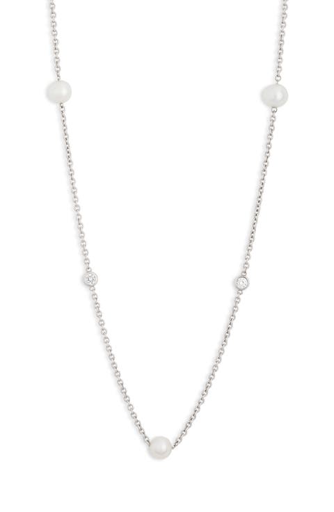 Sterling Silver 7–7.5mm Cultured Freshwater Pearl & Lab Grown White Sapphire Station Chain Necklace