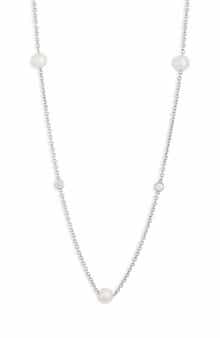 SUZY LEVIAN Sterling Silver 7–7.5mm Cultured Freshwater Pearl & Lab Grown White Sapphire Station Chain Necklace