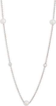 SUZY LEVIAN Sterling Silver 7–7.5mm Cultured Freshwater Pearl & Lab Grown White Sapphire Station Chain Necklace