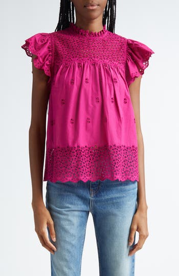 ULLA JOHNSON ULLA JOHNSON KASSI EYELET FLUTTER SLEEVE COTTON TOP 