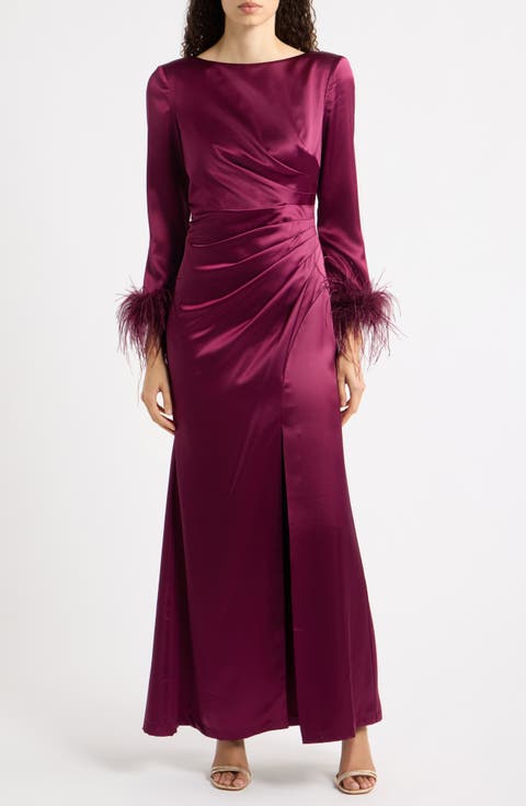 Feather Cuff Long Sleeve Gown