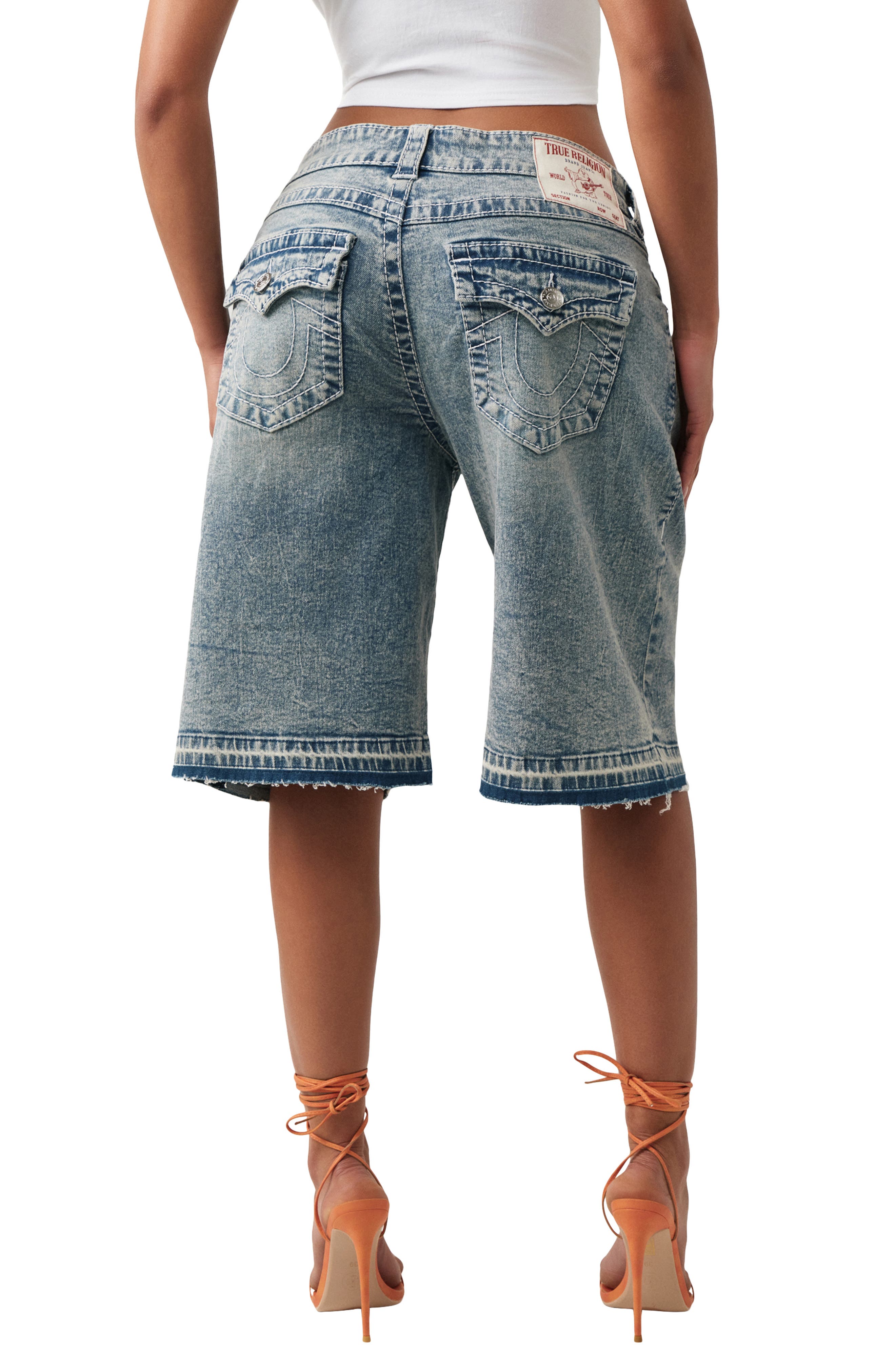 True Religion Jessie Crystal Baggy Longline Jeans Shorts (Women