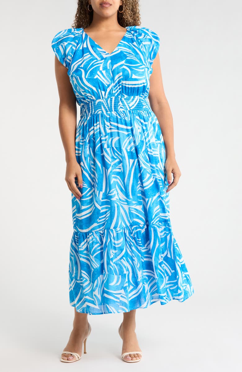 SUGARLIPS Canton Tropics Mecily Smocked Waist Cotton Maxi Dress, Main, color, White-Blue-Multi