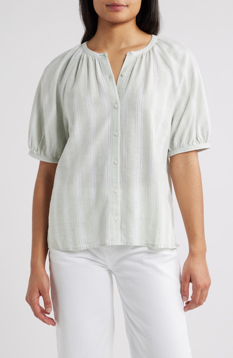 Caslon<sup>®</sup> Stripe Linen Blend Puff Sleeve Top, Main, color, Green- White Tay Stripe