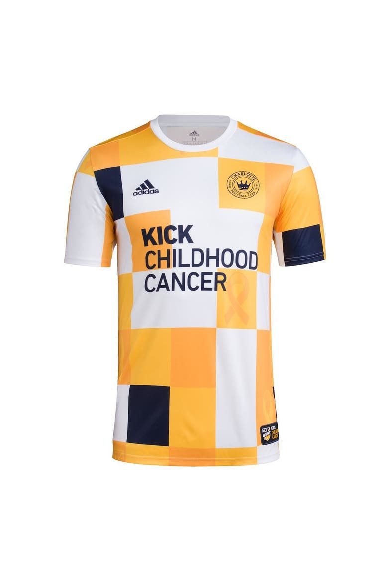 Men's adidas White/Gold Charlotte FC 2022 MLS Works Kick Childhood Cancer AEROREADY Pre-Match Top, Alternate, color, White