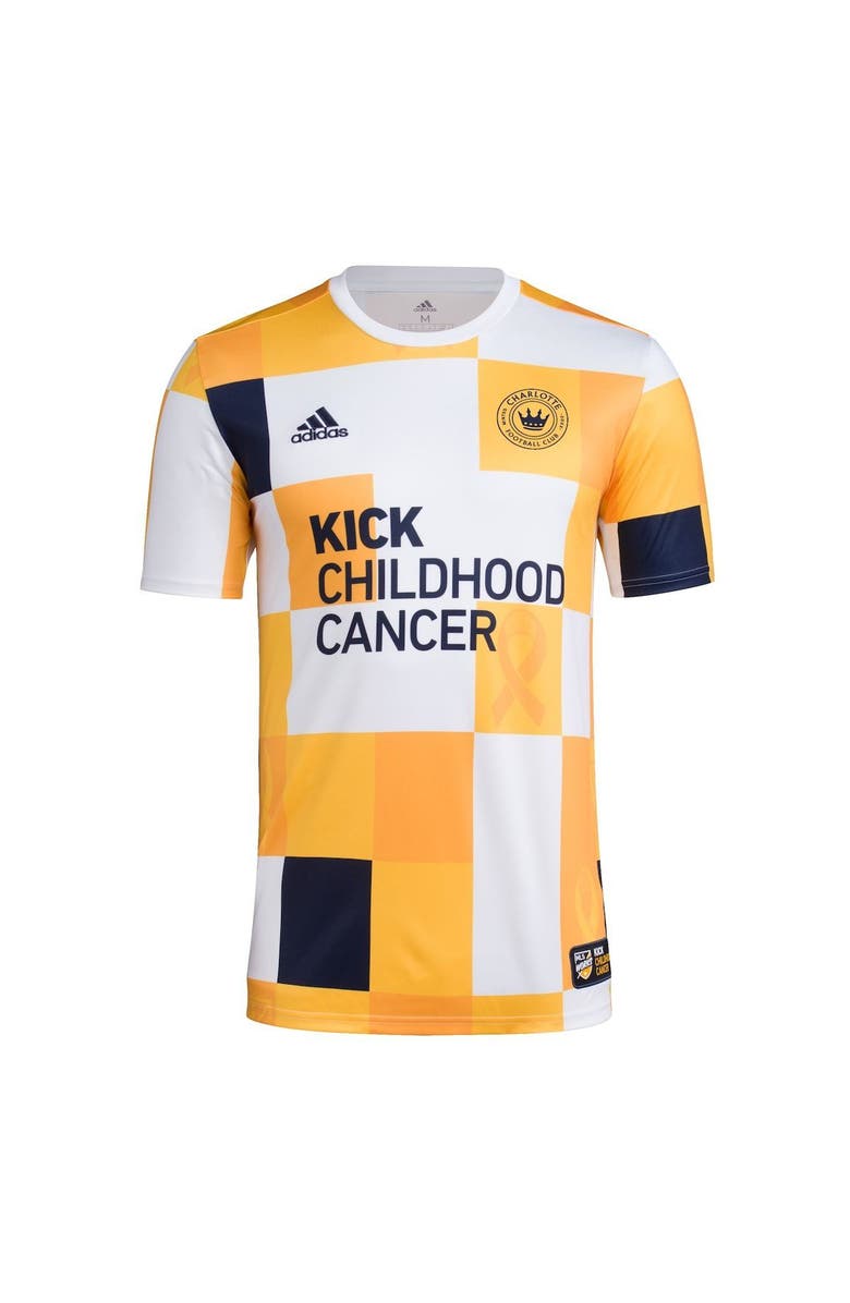 adidas Men's adidas White/Gold Charlotte FC 2022 MLS Works Kick Childhood Cancer AEROREADY Pre-Match Top, Alternate, color,
