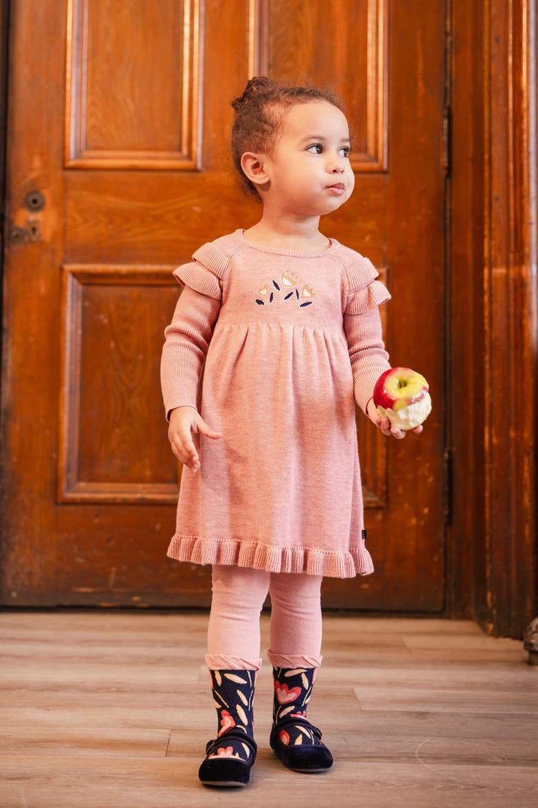 Knitted Ruffled Shoulder Floral Detail Dress, Alternate, color, Pink