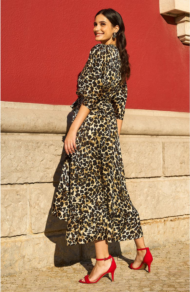 Yumi Leopard Print Kimono Sleeve Wrap Dress, Alternate, color, Brown