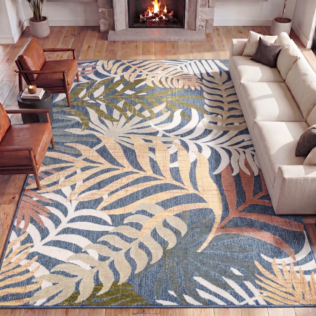 Jonathan Y Tropics Palm Leaves Indoor/outdoor Rug In Dark Blue/multi