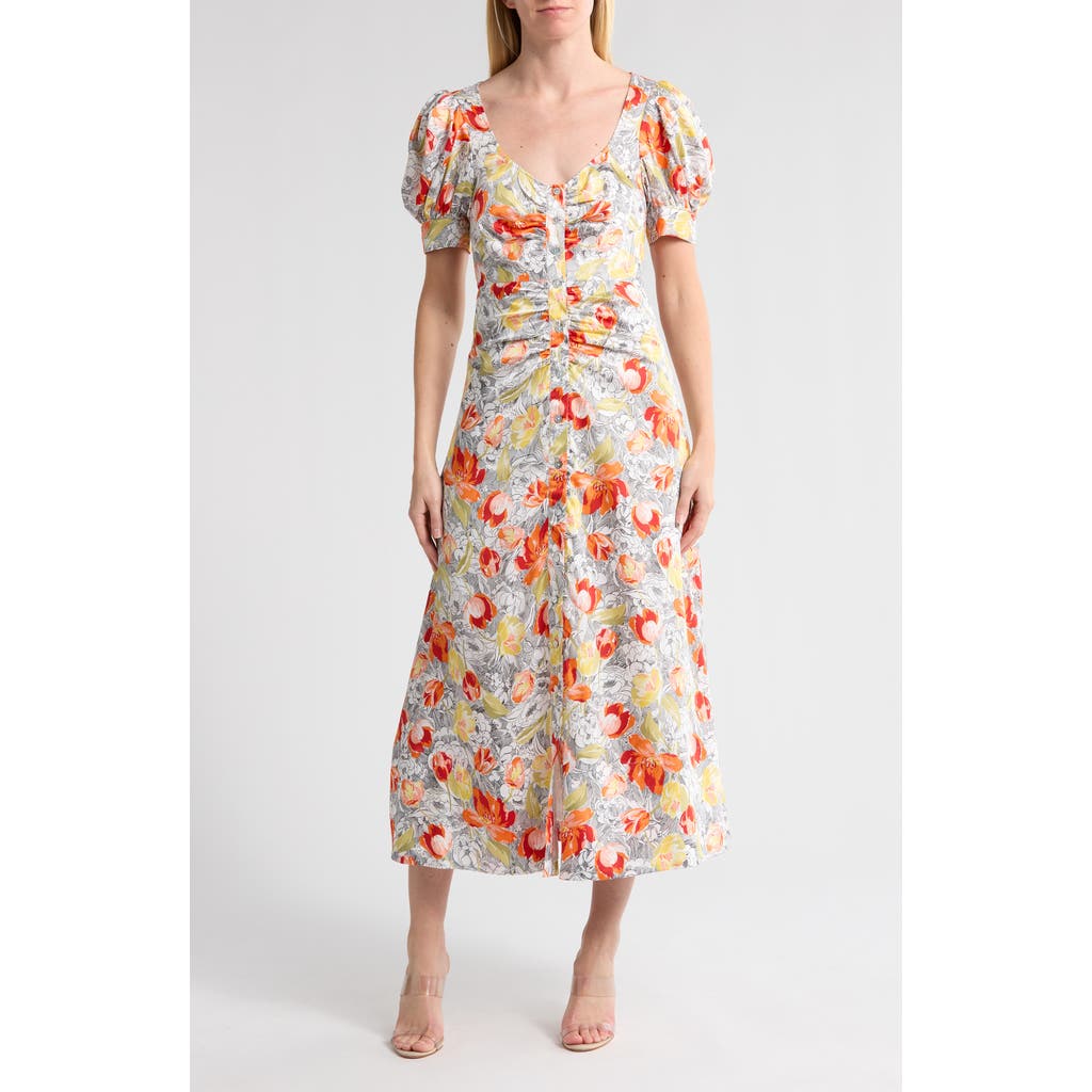 Cinq À Sept Ximena Draped Floral Puff-sleeve V-neck Midi Dress In Ivory Multi