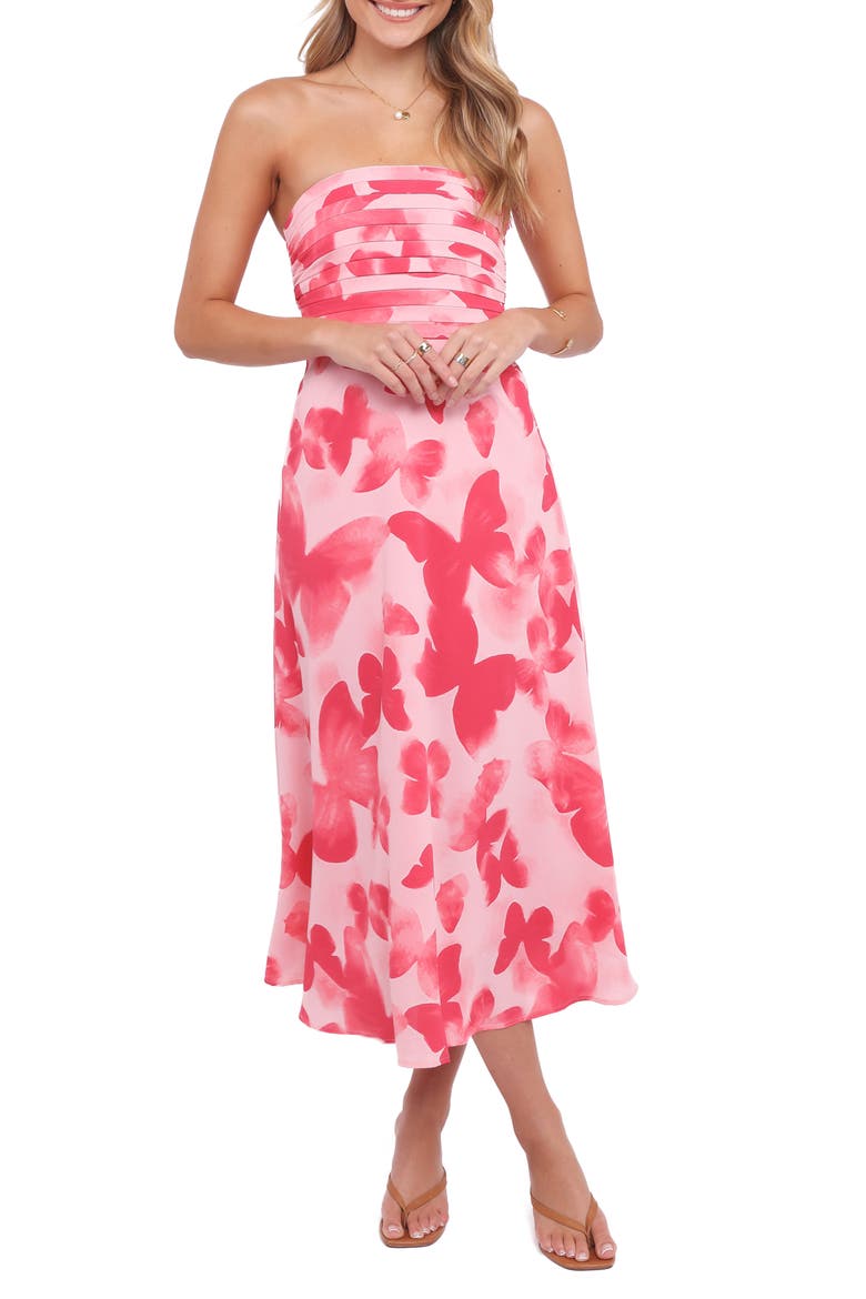 Kenna Print Strapless Midi Dress, Main, color, BUTTERFLY PRINT