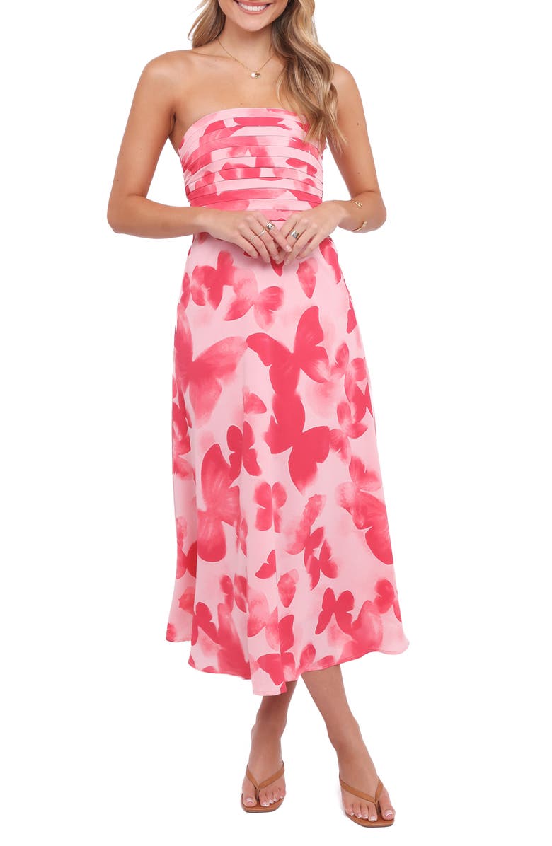 Petal & Pup Kenna Print Strapless Midi Dress, Main, color, Butterfly Print