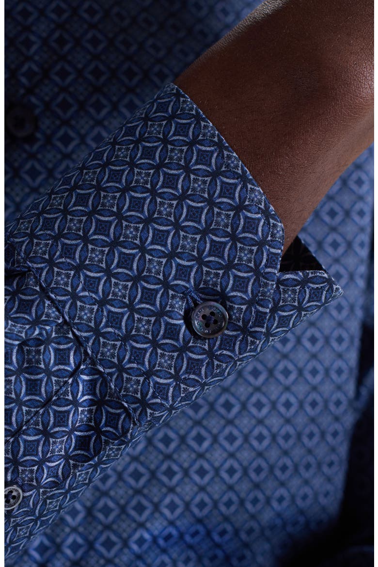 Julian Shaped Fit Medallion Print Stretch Cotton Button-Up Shirt, Alternate, color, NAVY
