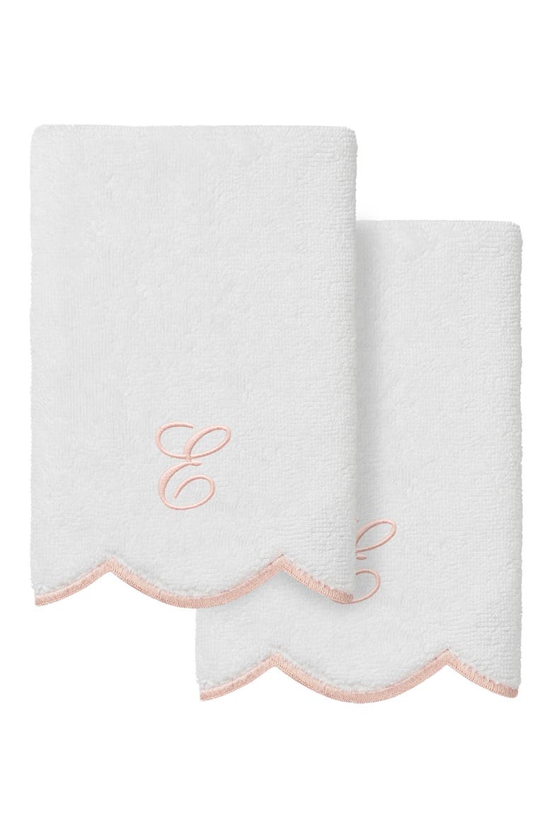Scallop Set of 2 Monogram Fingertip Towels, Main, color, WHITE/ PINK E