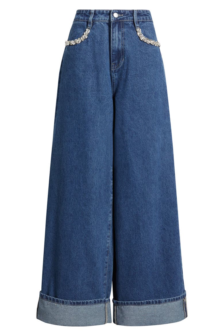 Embellished High Waist Cuffed Wide Leg Jeans, Alternate, color, RINSE WASH