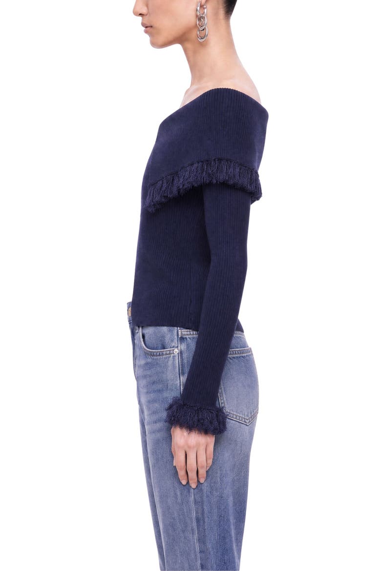 Fringed Collar Off Shoulder Cardigan, Alternate, color, Navy
