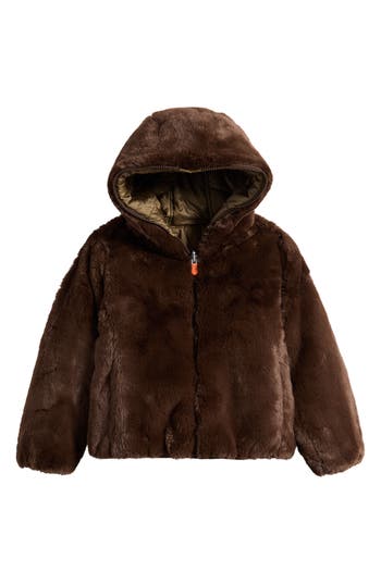 Save The Duck Kids' Chloe Reversible Faux Fur Hooded Puffer Jacket In Brown