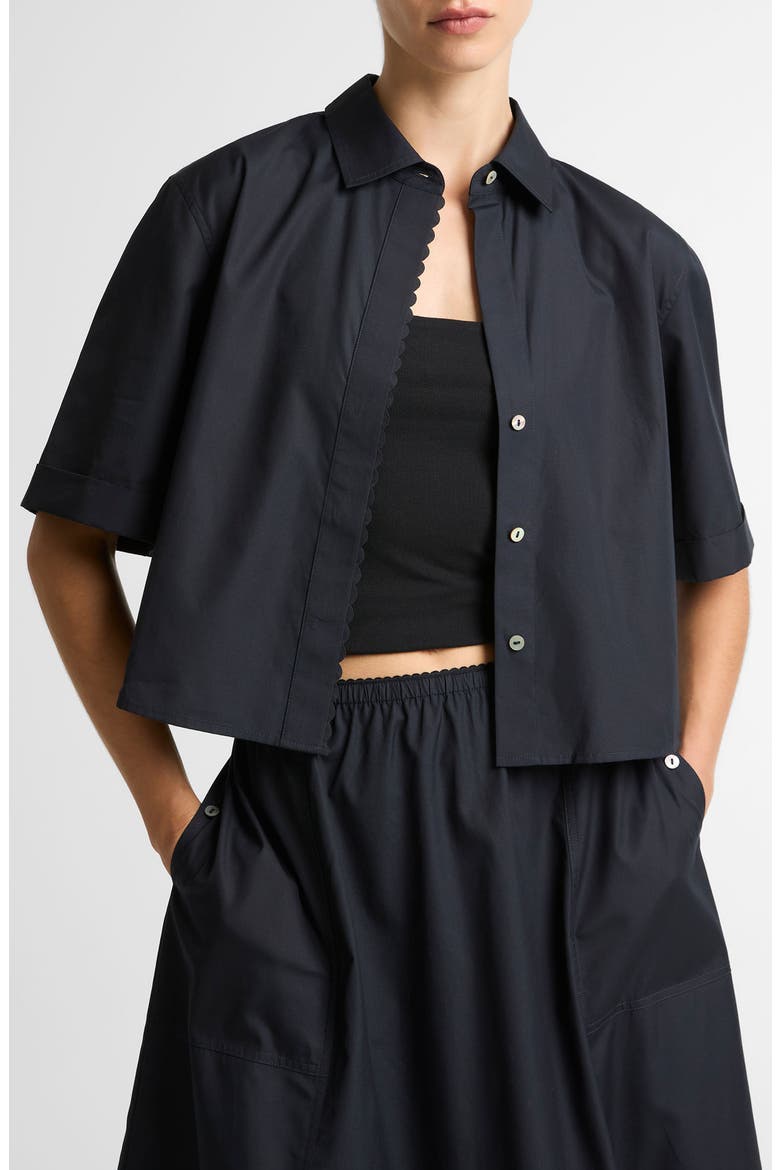Scallop Detail Short Sleeve Cotton Button-Up Shirt, Alternate, color, ECLIPSE