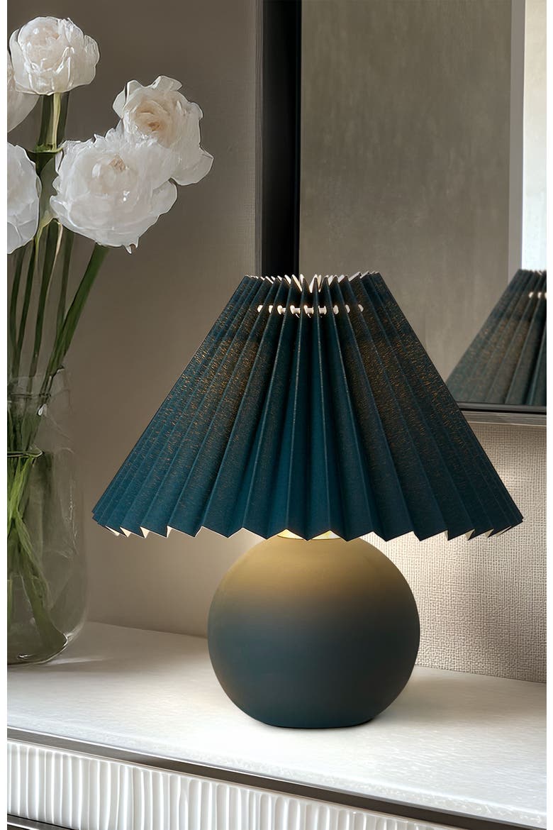 Serena 10" Ceramic LED Table Lamp with Retro Globe Base and Fabric Pleated Shade, Alternate, color, Teal