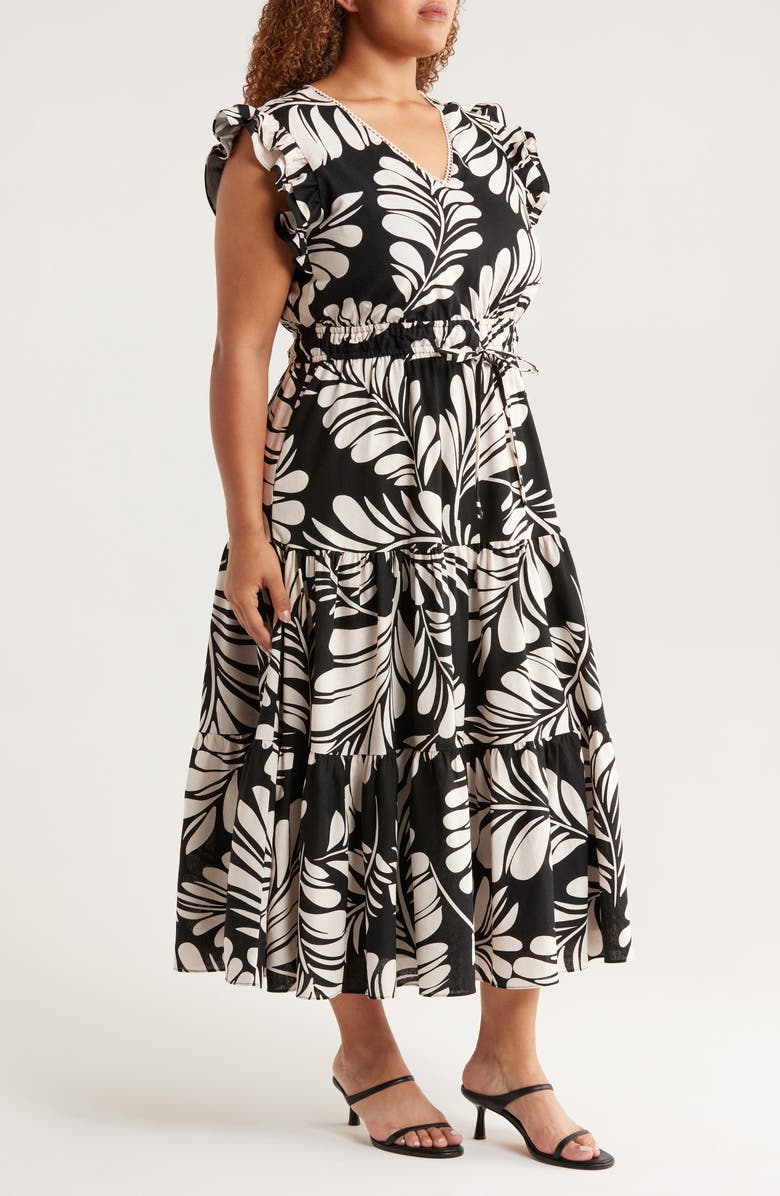 Anne Klein Leaf Print Ruffle Tie Waist Midi Dress, Alternate, color, Anne Black/ Egret