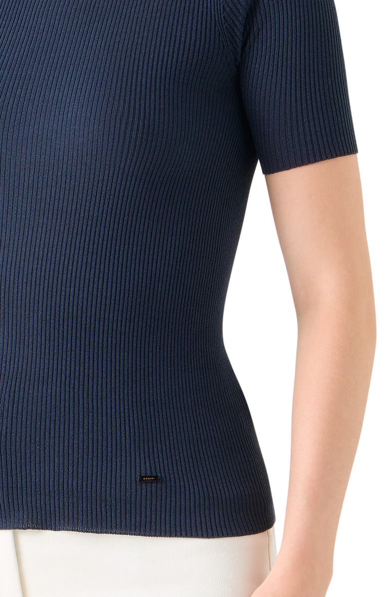 Akris Short Sleeve Silk & Cotton Rib Sweater, Alternate, color, Navy
