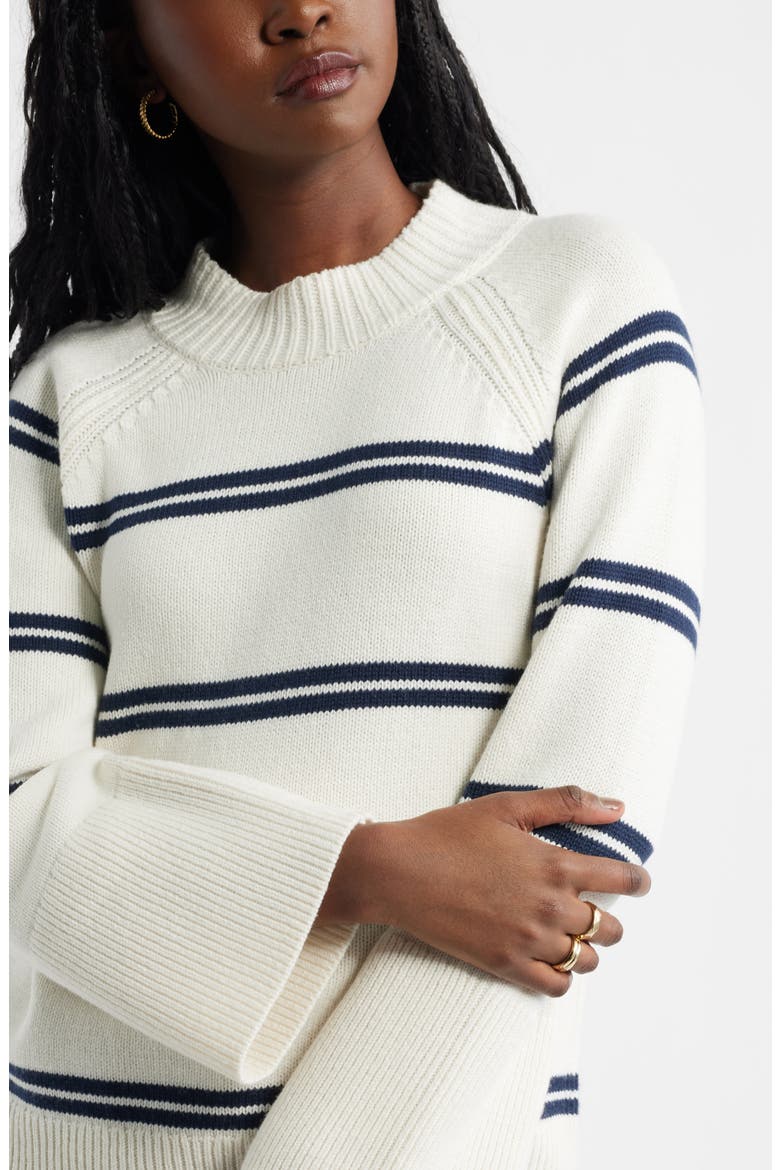 Bell Sleeve Mock Neck Merino Wool & Cotton Sweater, Alternate, color, IVORY- NAVY DUO STRIPE