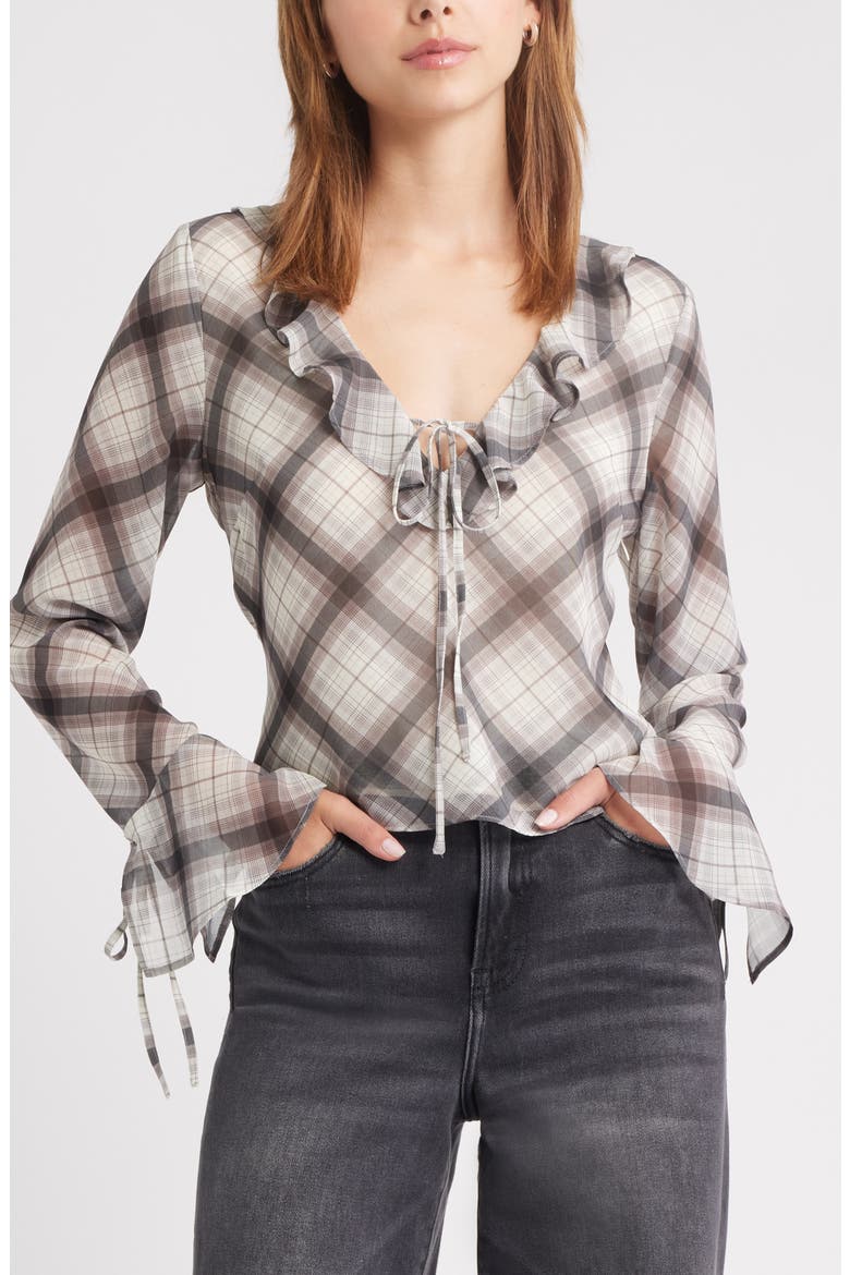 Ruffle Chiffon Top, Main, color, GREY REESE PLAID