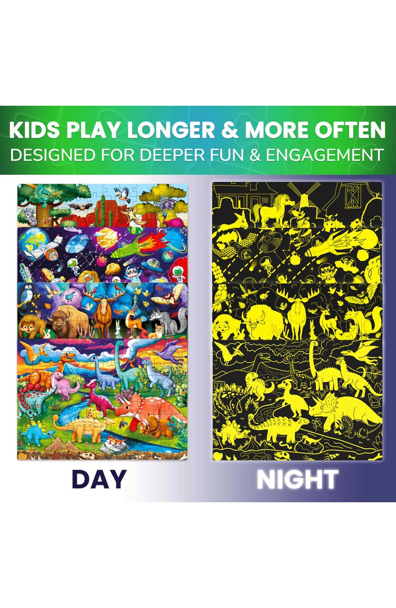 Quokka 4x100 Piece Glow-in-The-Dark Puzzles for Kids, Alternate, color, Dinos & Forest