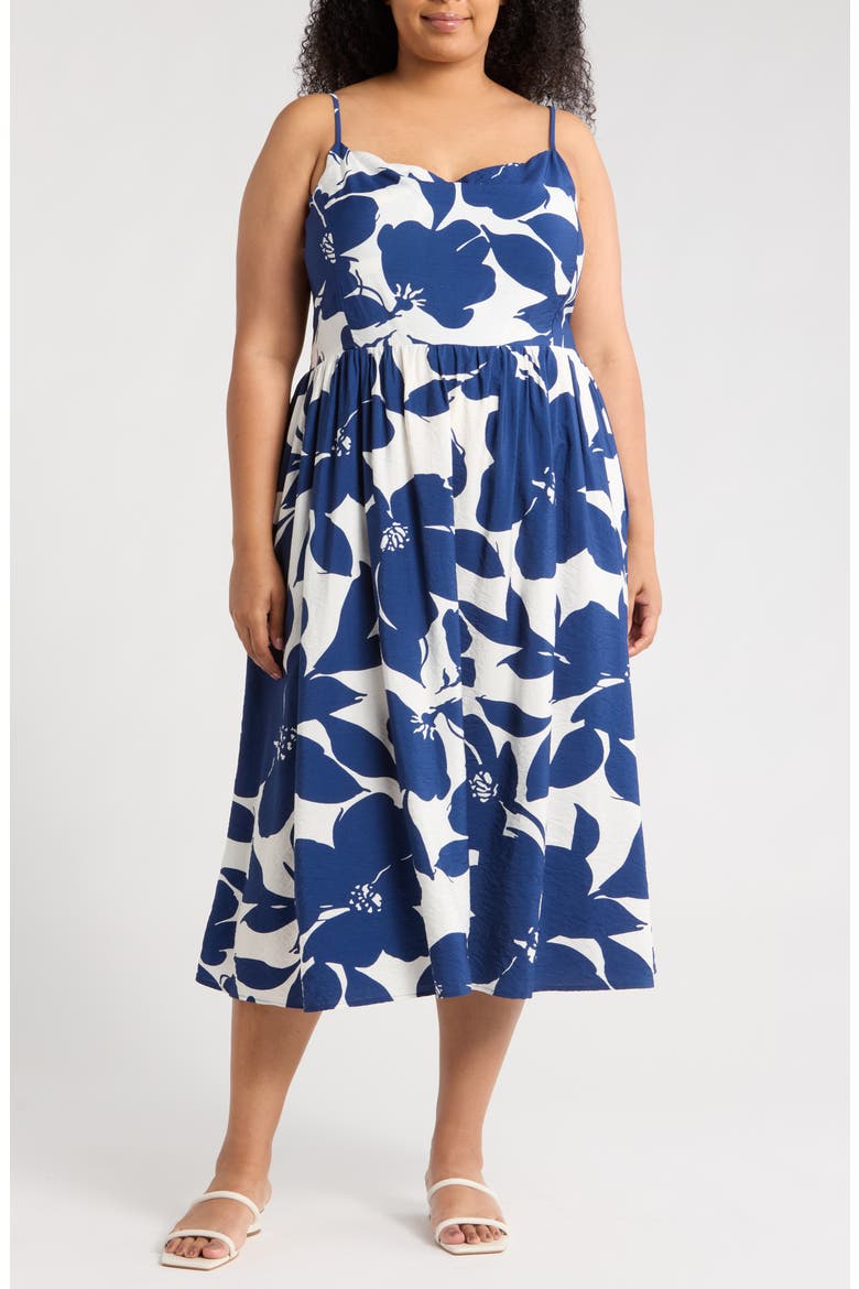 Floral Midi Dress, Main, color, WHITE/ NAVY