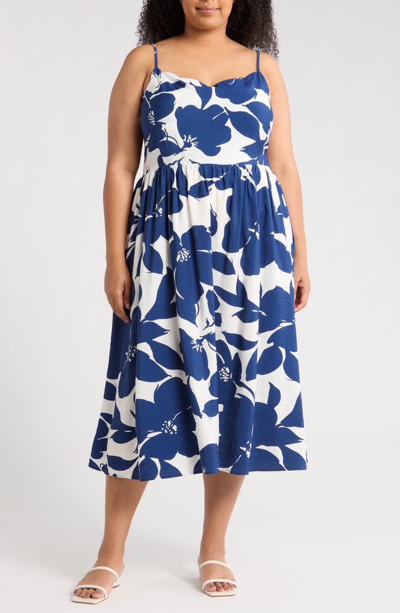 Renee C Floral Midi Dress, Main, color, White/ Navy