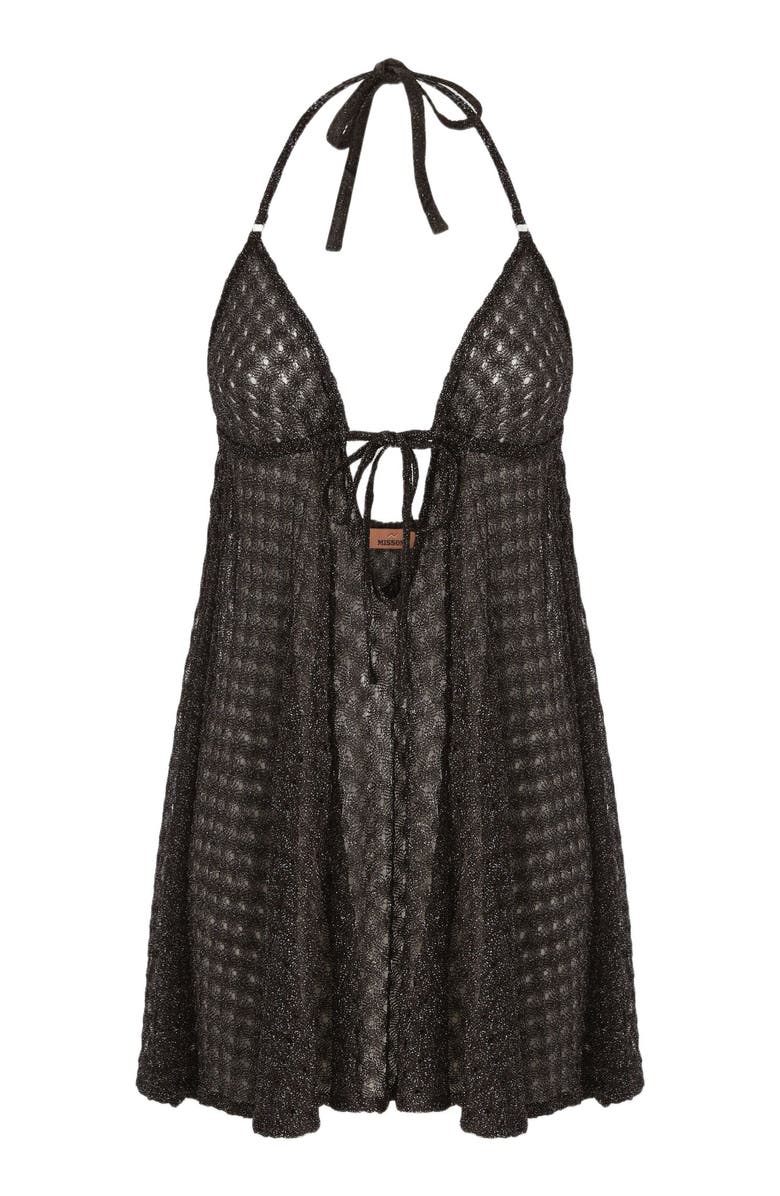 Missoni Babydoll Mini Dress In Lamé Viscose With Spiderweb Motif, Alternate, color, Brown