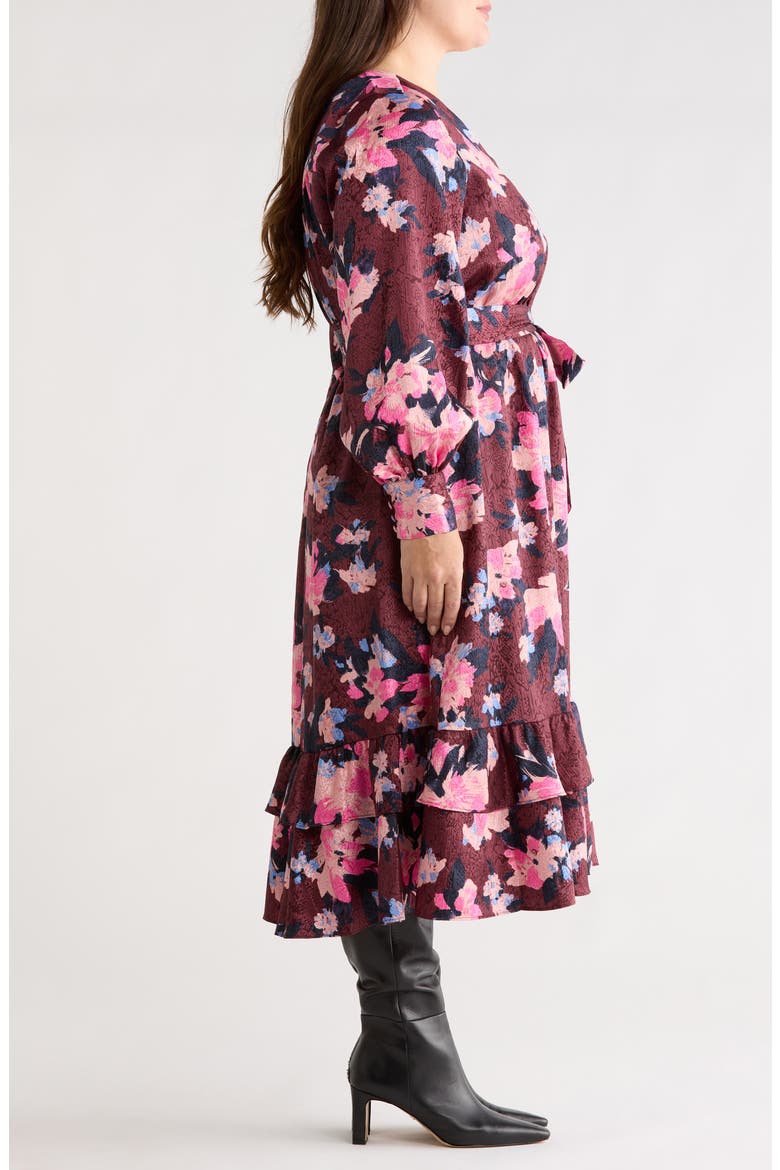 Belted Long Sleeve Satin Midi Dress, Alternate, color, BURGUNDY- BLUE GEORGIA BLOOMS