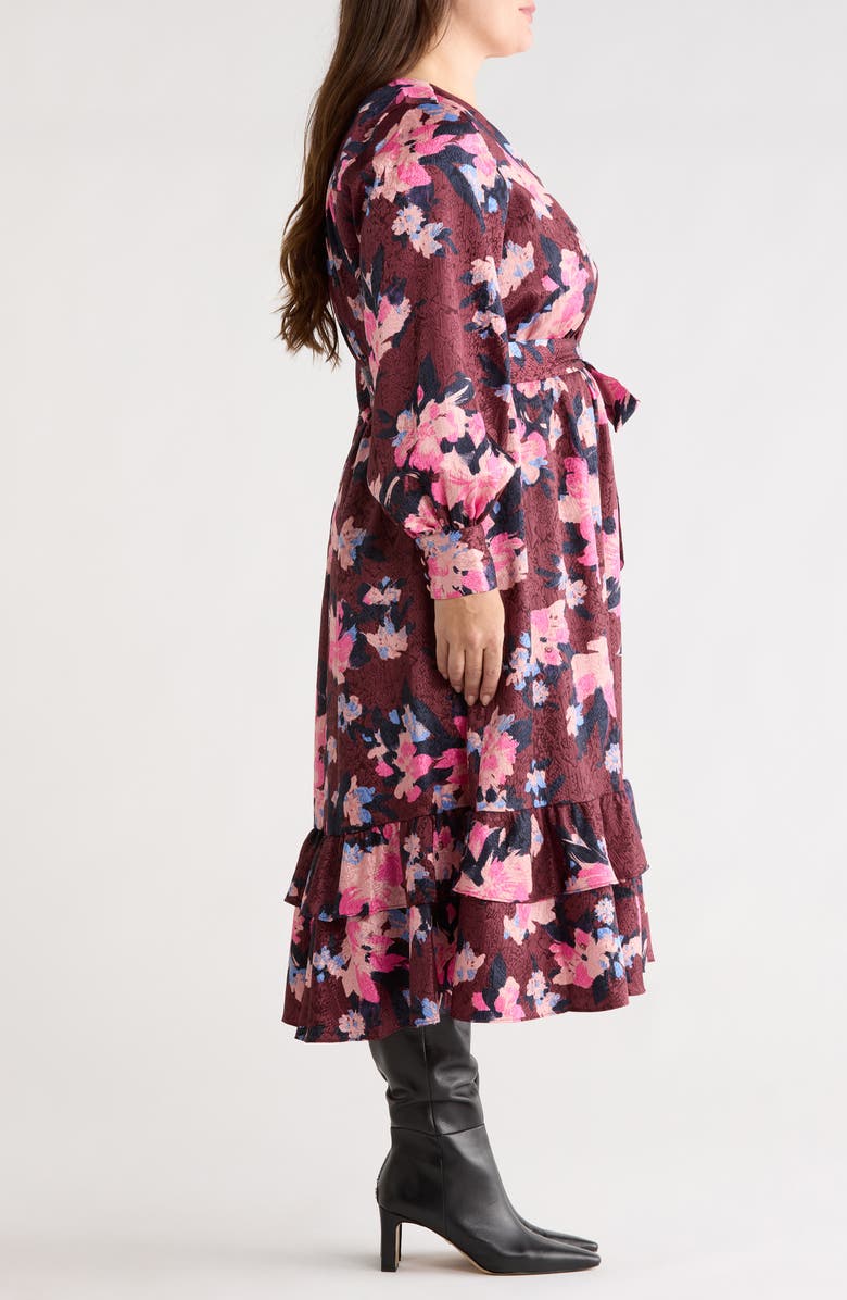 Caslon<sup>®</sup> Belted Long Sleeve Satin Midi Dress, Alternate, color, Burgundy- Blue Georgia Blooms