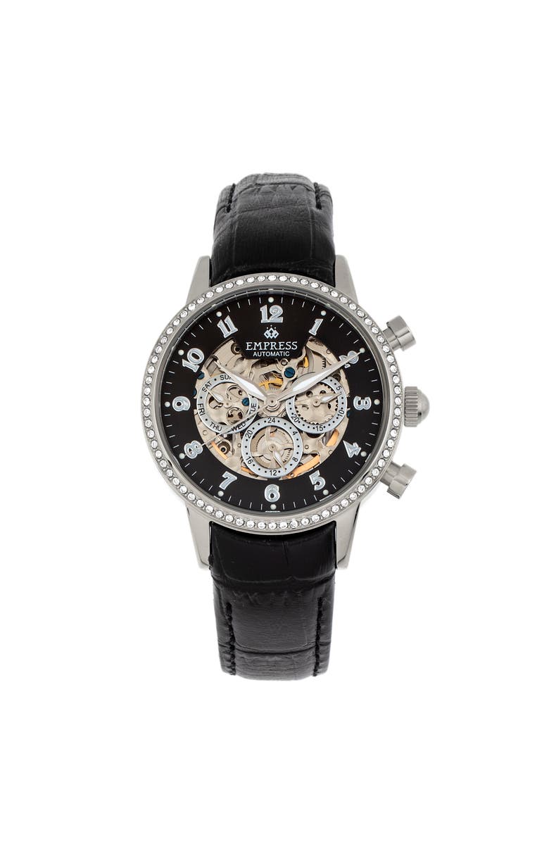 Empress Beatrice Automatic Skeleton Dial Leather-Band Watch with Day & Date, Main, color, Black