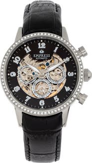 Empress Beatrice Automatic Skeleton Dial Leather-Band Watch with Day & Date