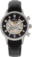 Empress Beatrice Automatic Skeleton Dial Leather-Band Watch with Day & Date