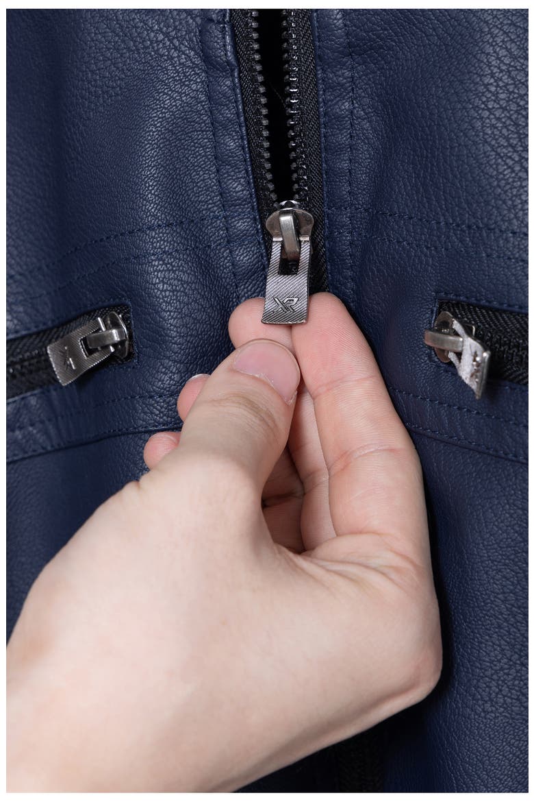 Kids' Hooded Faux Shearling Lined Faux Leather Moto Jacket, Alternate, color, NAVY/BLACK