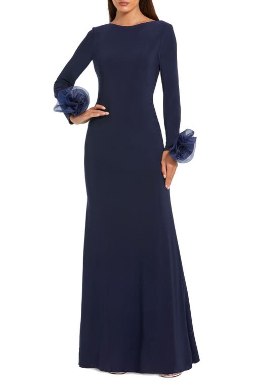 Mac Duggal Long Sleeve Fitted Jersey With 3d Flowers Gown In Navy