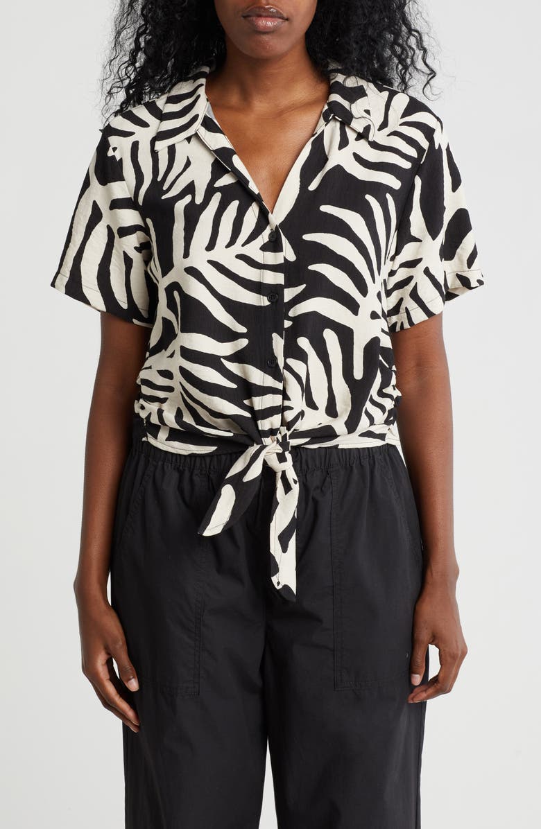 Sanctuary Baja Short Sleeve Tie Front Button-Up Shirt, Main, color, Palm Black