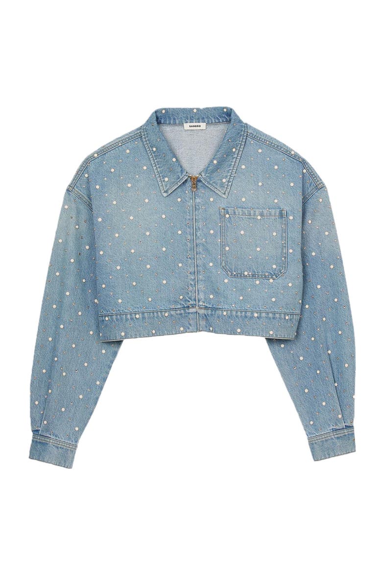 Beaded and rhinestone denim jacket, Alternate, color, Blue jean
