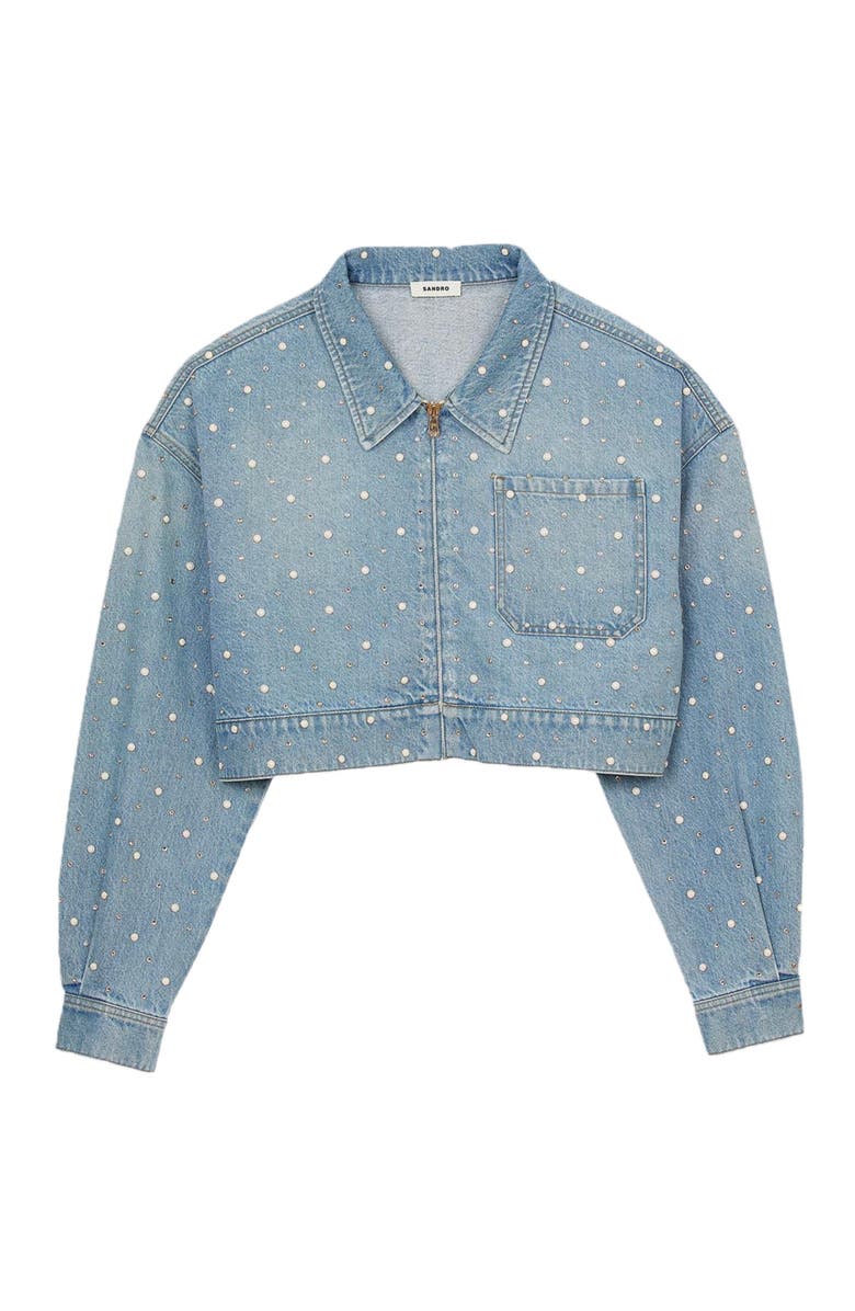 SANDRO Beaded and rhinestone denim jacket, Alternate, color,