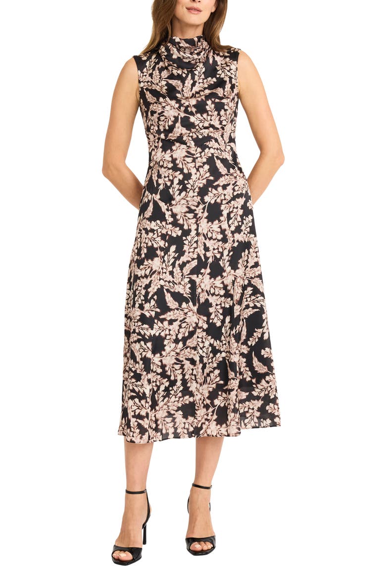 Cowl Neck Satin Midi Dress, Main, color, BLACK/ KHAKI