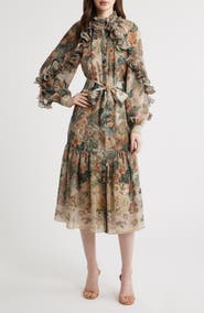 KOBI HALPERIN Amanda Floral Print Tie Waist Long Sleeve Midi Dress